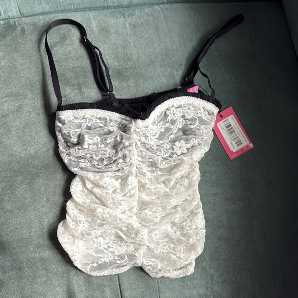 Lace Bustier Tank Top - White with Black Accents